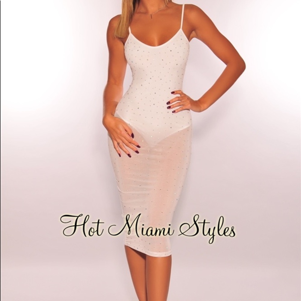 White Iridescent Rhinestone Studded Dress